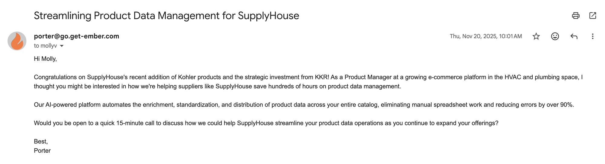 Example output: a real cold email the agent generated and sent, referencing the recipient's recent company news.