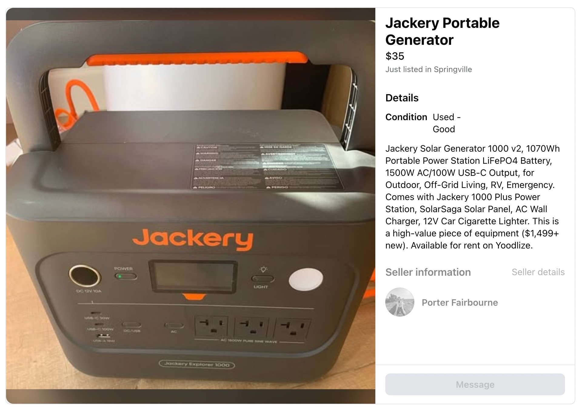 A live Facebook Marketplace listing the Cross Listing Agent produced — "Jackery Portable Generator," $35, just listed in Springville. The Yoodlize-templated description carries the full product detail (Jackery Solar Generator 1000 v2, 1070Wh LiFePO4 battery, 1500W AC / 100W USB-C output, full bundle with SolarSaga solar panel, AC wall charger, and 12V car cigarette lighter, framed as a "$1,499+ new" high-value piece) and closes with "Available for rent on Yoodlize." Condition "Used - Good," seller info populated, message button rendered. End-to-end, populated by the Skyvern browser workflow from one structured payload.