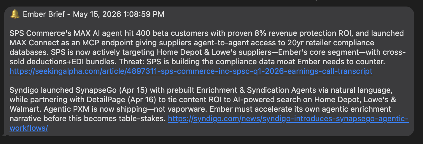 Example output: a real SMS the agent sent showing two ranked competitive-intelligence items with source URLs.