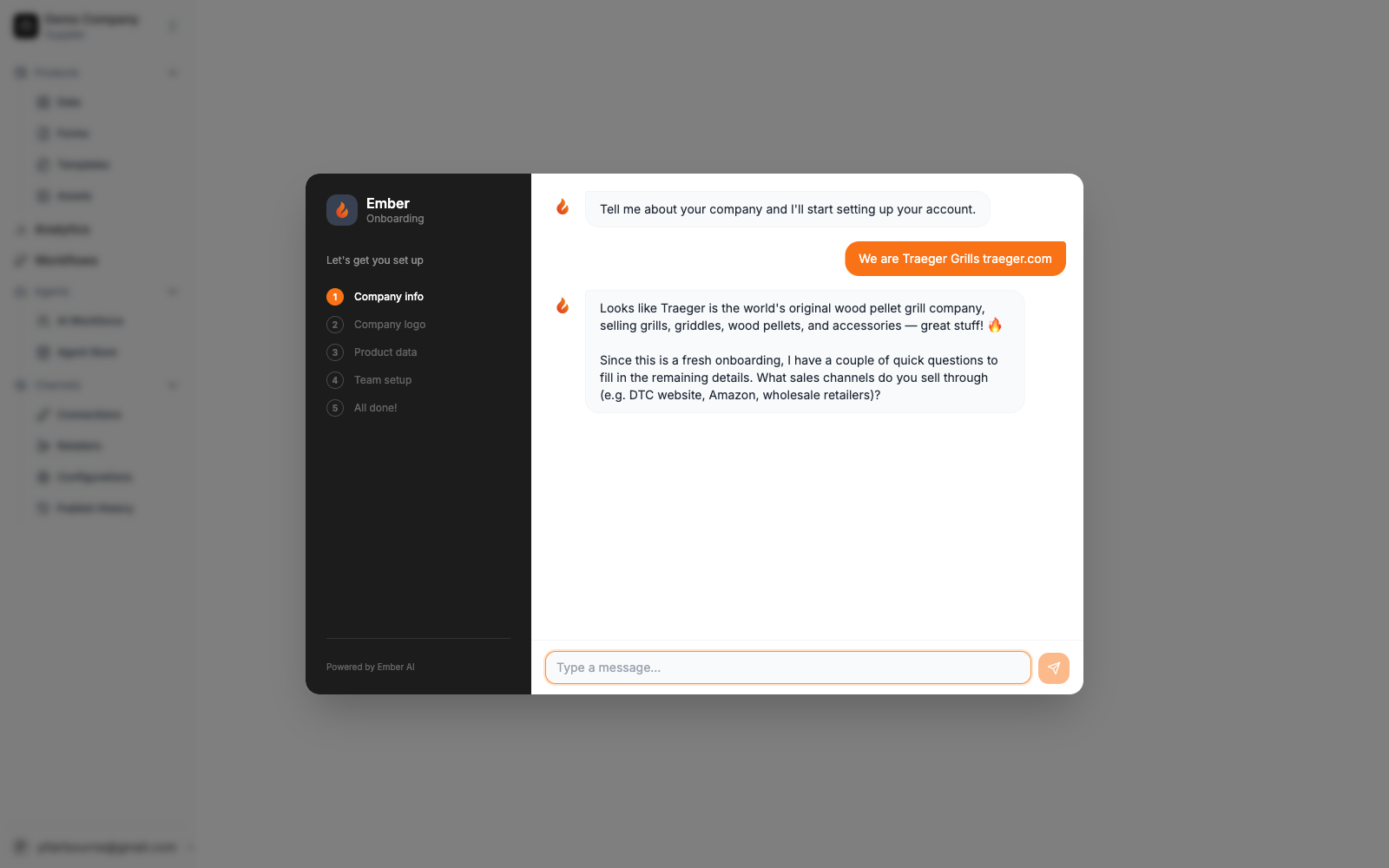 Ember Onboarding Assistant chat UI with a five-stage stepper