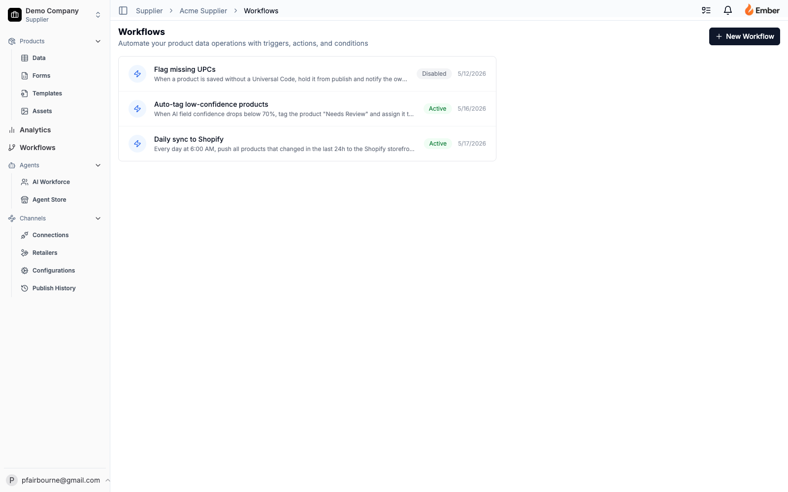 Ember workflows — workflow list with enable toggles